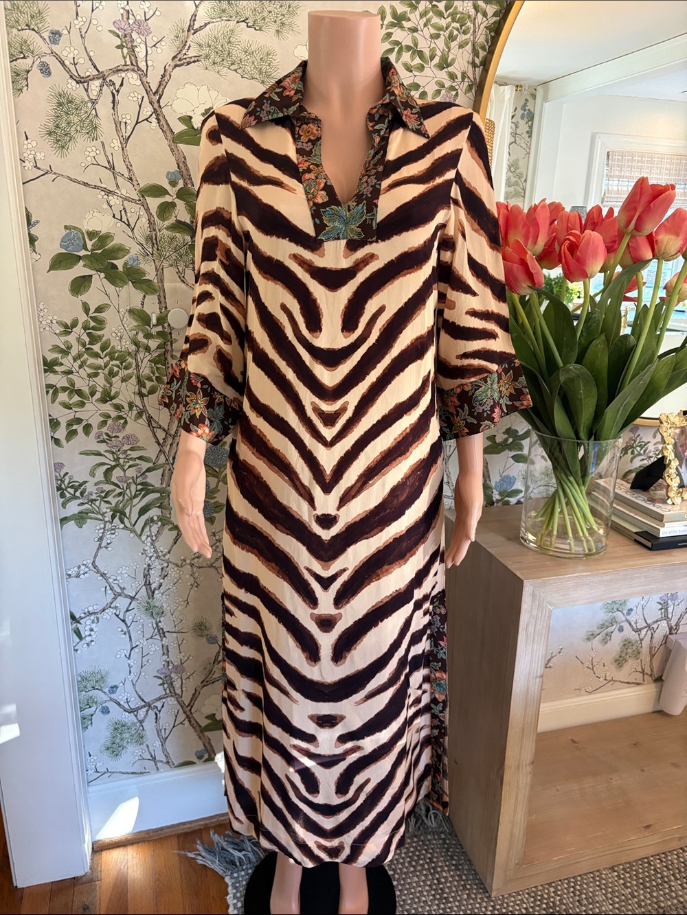 Cream and Brown Animal-Print Maxi Dress with Floral Trim